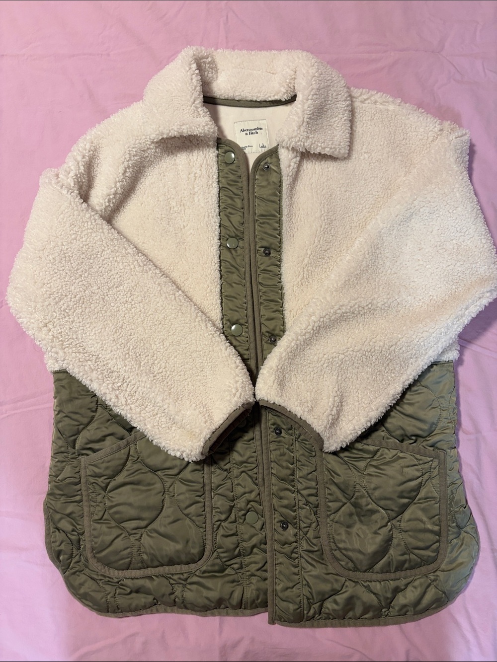 Abercrombie & Fitch Cream Sherpa with Olive Quilted Panels Jacket